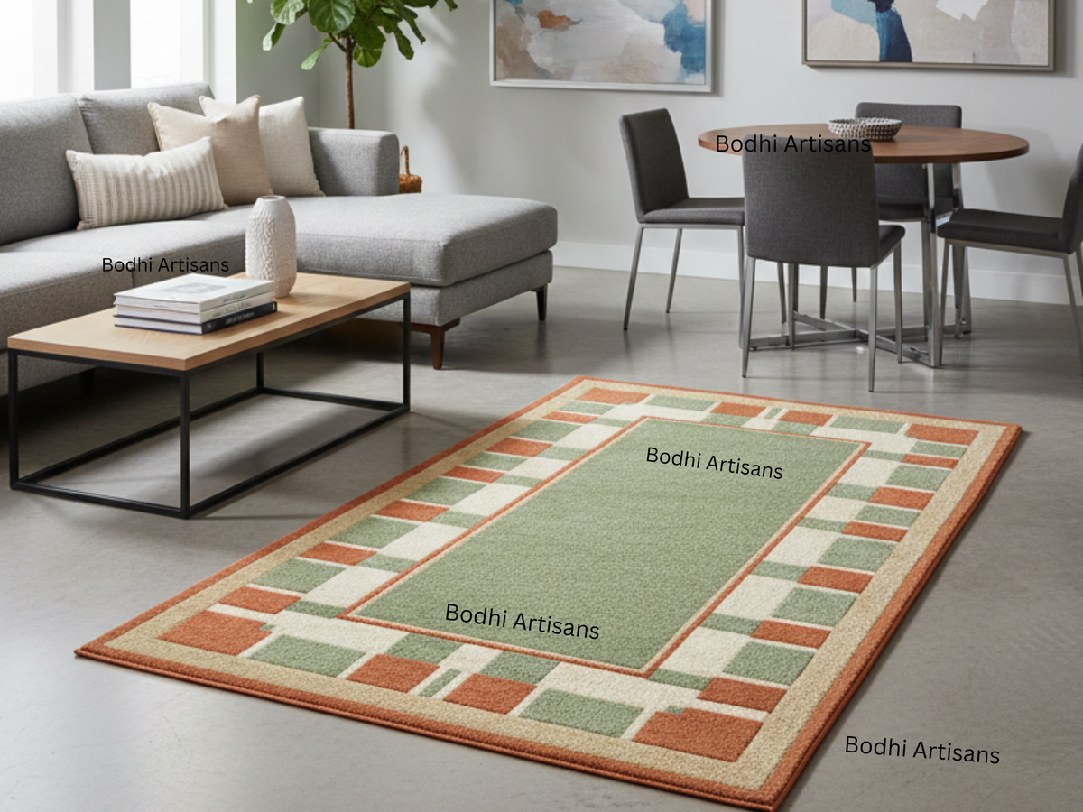 Hand Tufted Sage Green Wool Rug with Terracotta Geometric Border
