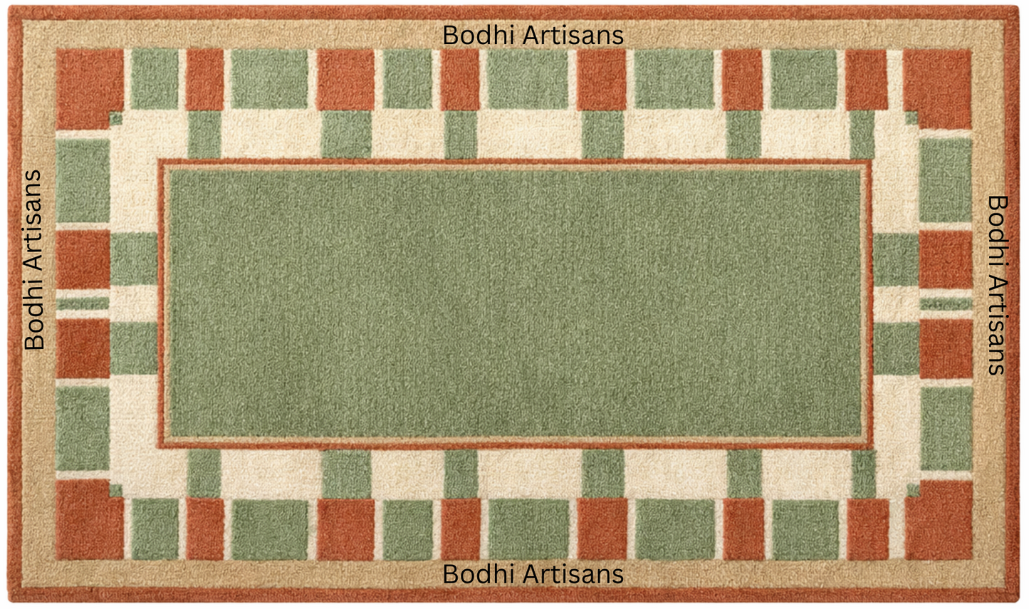 Hand Tufted Sage Green Wool Rug with Terracotta Geometric Border