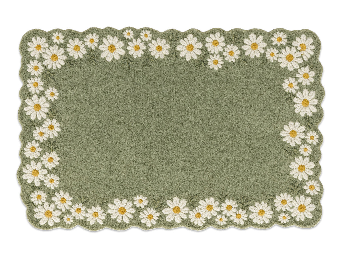 Handmade sage green daisy border wool area rug, modern style, made in India