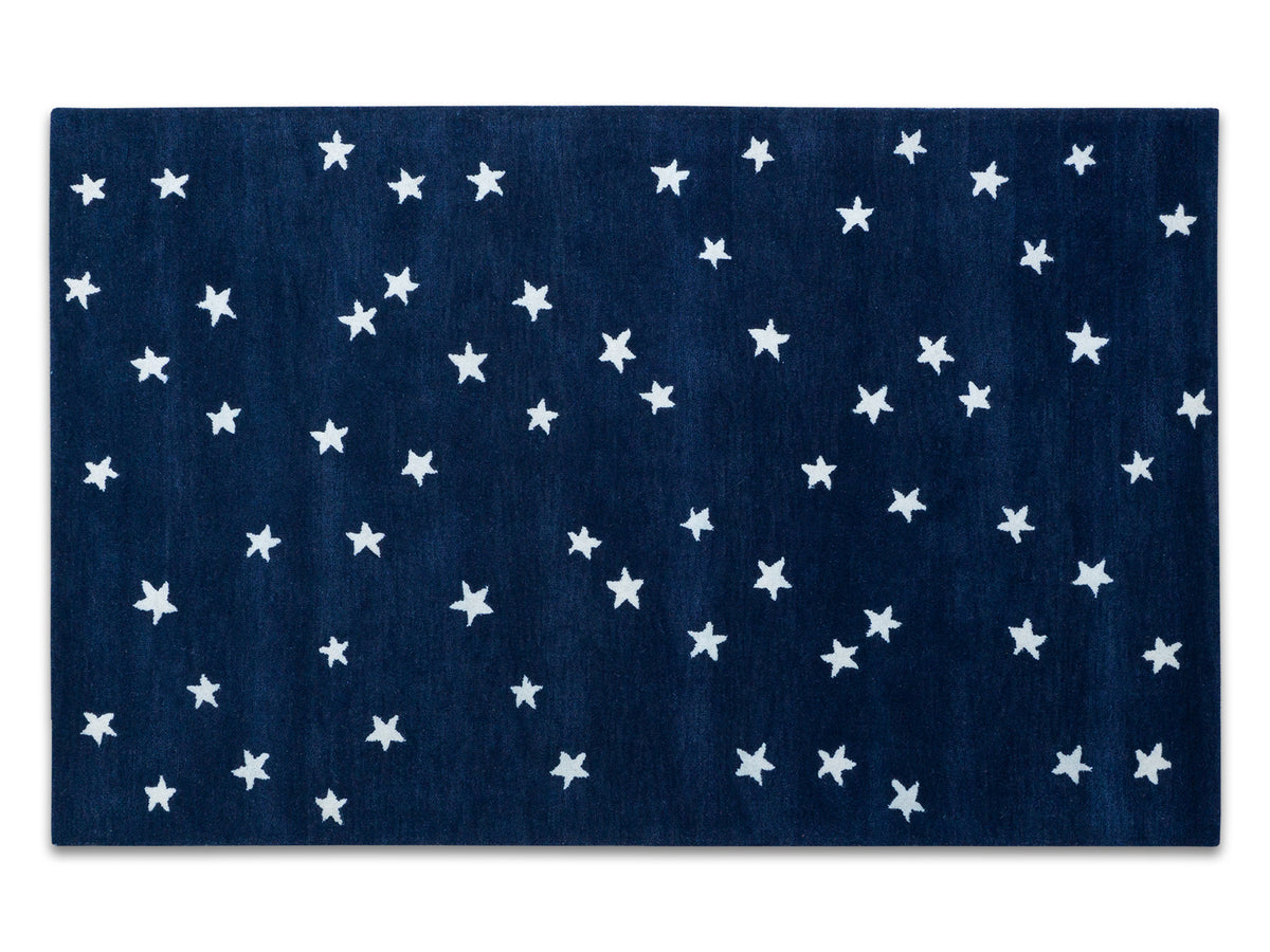 Hand-tufted navy blue white star wool area rug, modern style, made in India