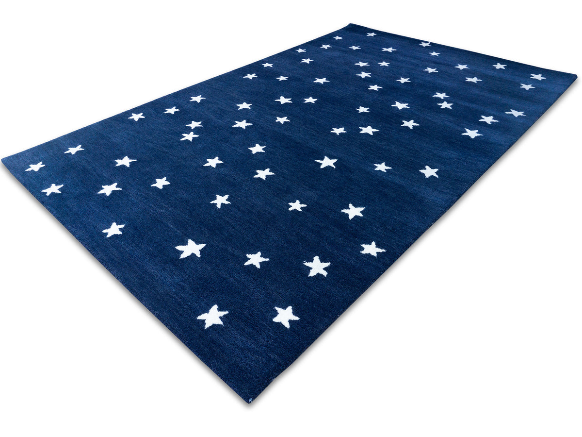 Modern navy blue white star area rug, hand-tufted wool rug from India
