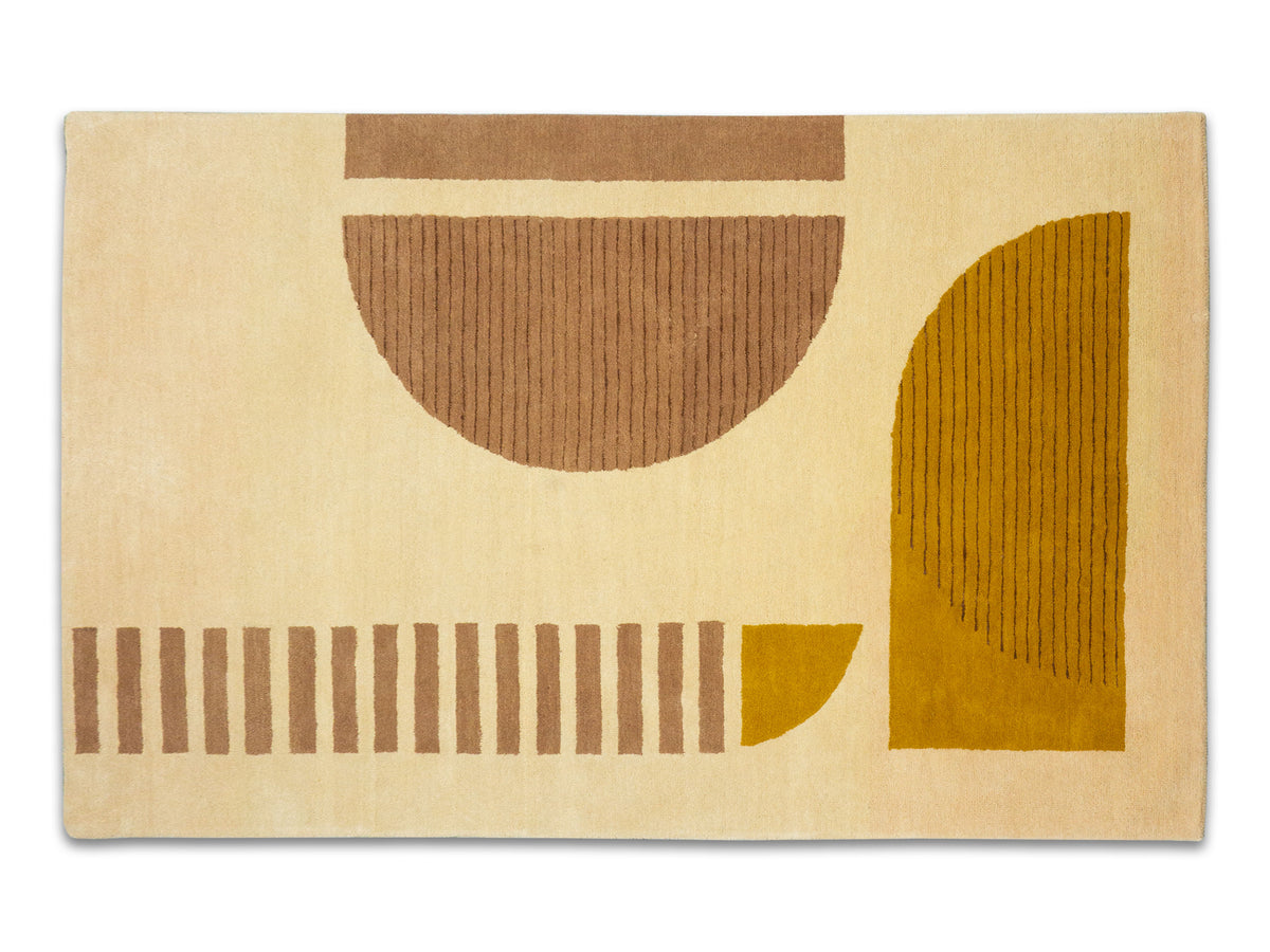 Hand-tufted peach gold geometric wool area rug, modern style, made in India