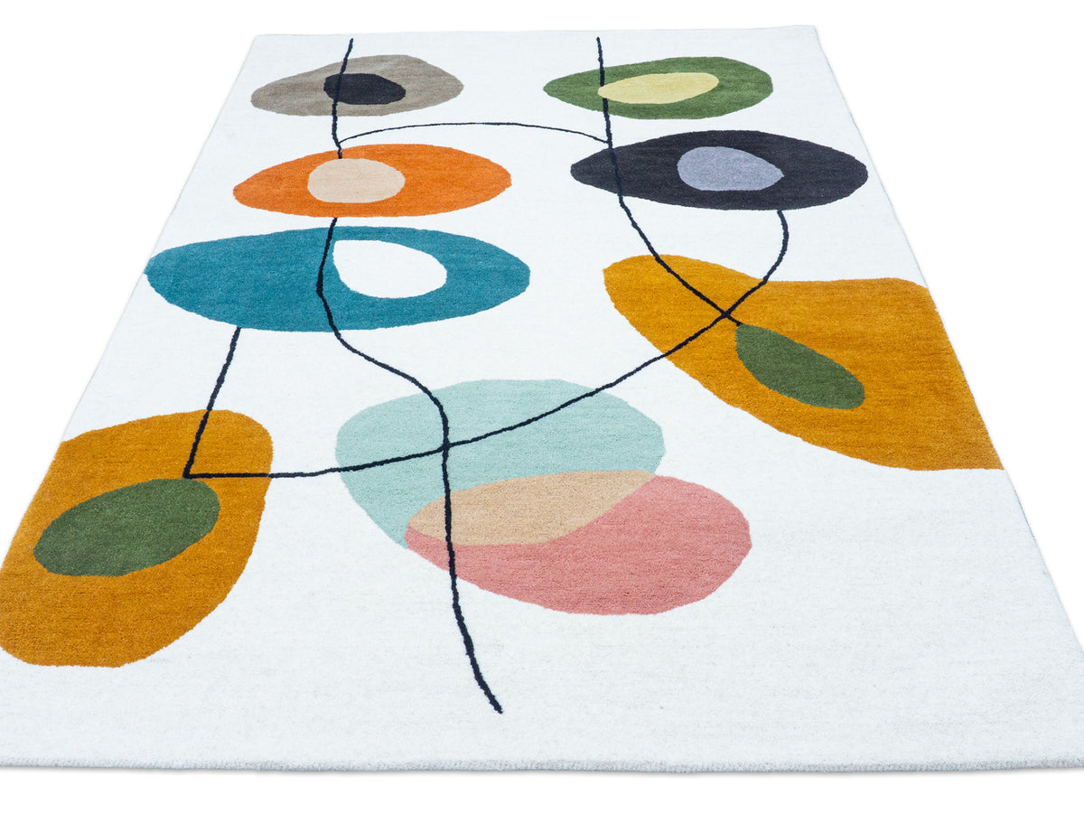 Handmade Ivory & Multicolor Abstract Wool Rug – Mid-Century – photo 2