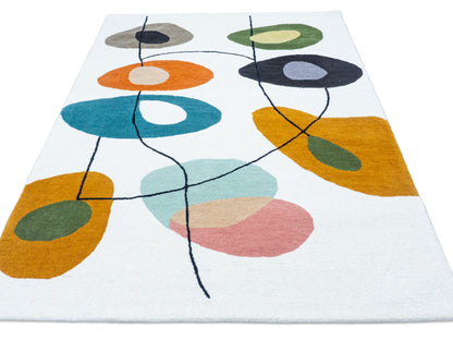 Handmade Ivory & Multicolor Abstract Wool Rug – Mid-Century – photo 2