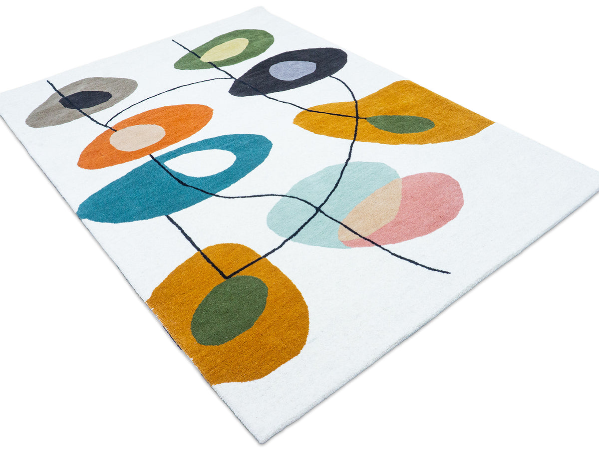 Handmade Ivory & Multicolor Abstract Wool Rug – Mid-Century – photo 3