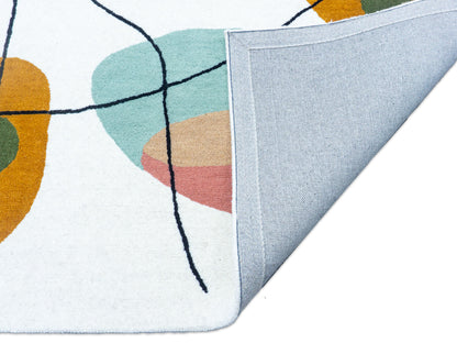 Handmade Ivory & Multicolor Abstract Wool Rug – Mid-Century – photo 5