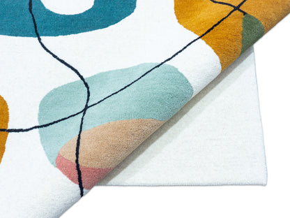 Handmade Ivory & Multicolor Abstract Wool Rug – Mid-Century – photo 6