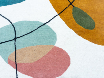 Handmade Ivory & Multicolor Abstract Wool Rug – Mid-Century – photo 7