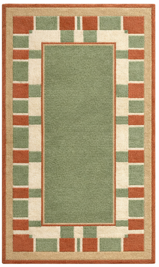 Hand Tufted Sage Green Wool Rug with Terracotta Geometric Border