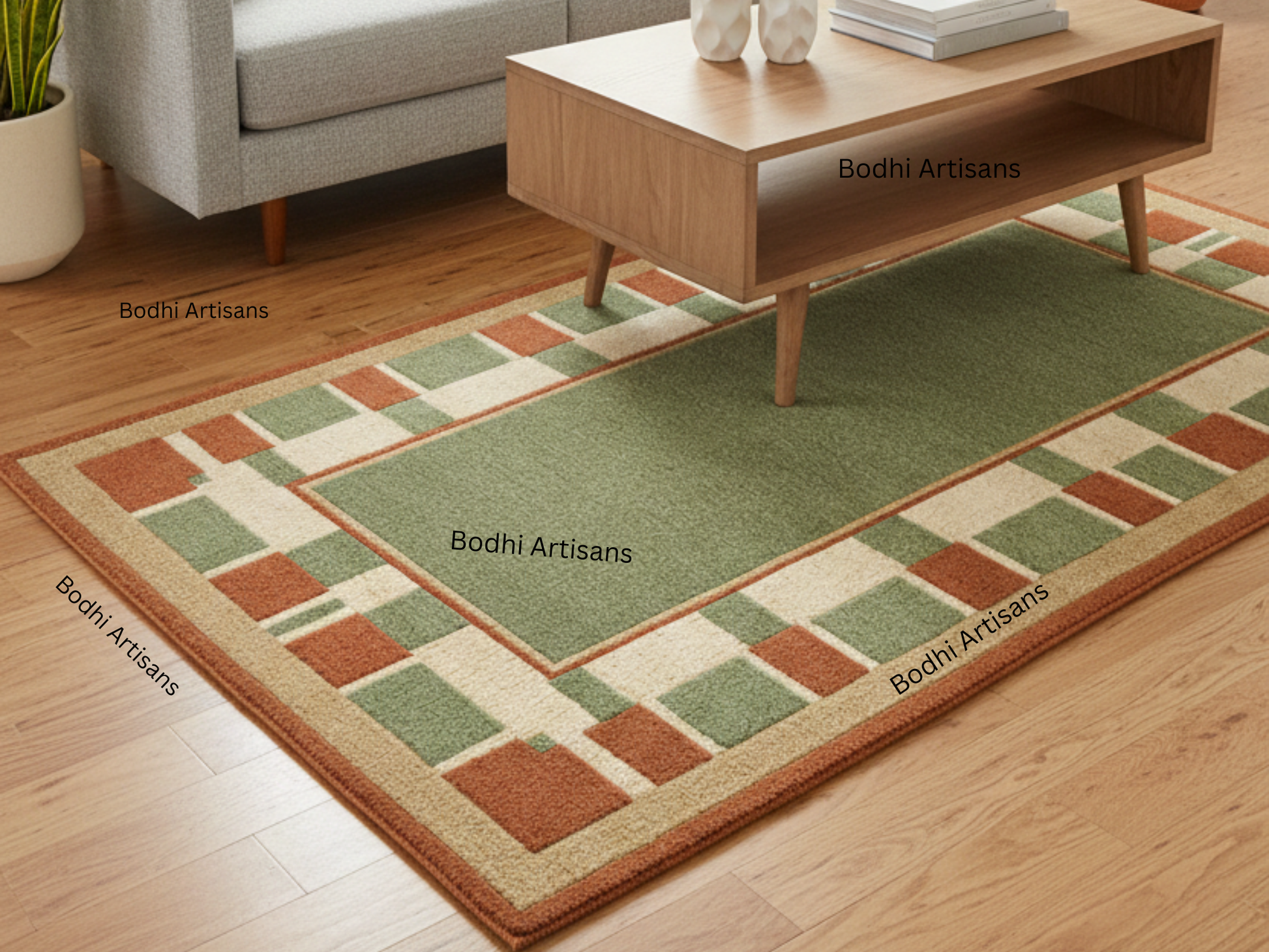 Hand Tufted Sage Green Wool Rug with Terracotta Geometric Border