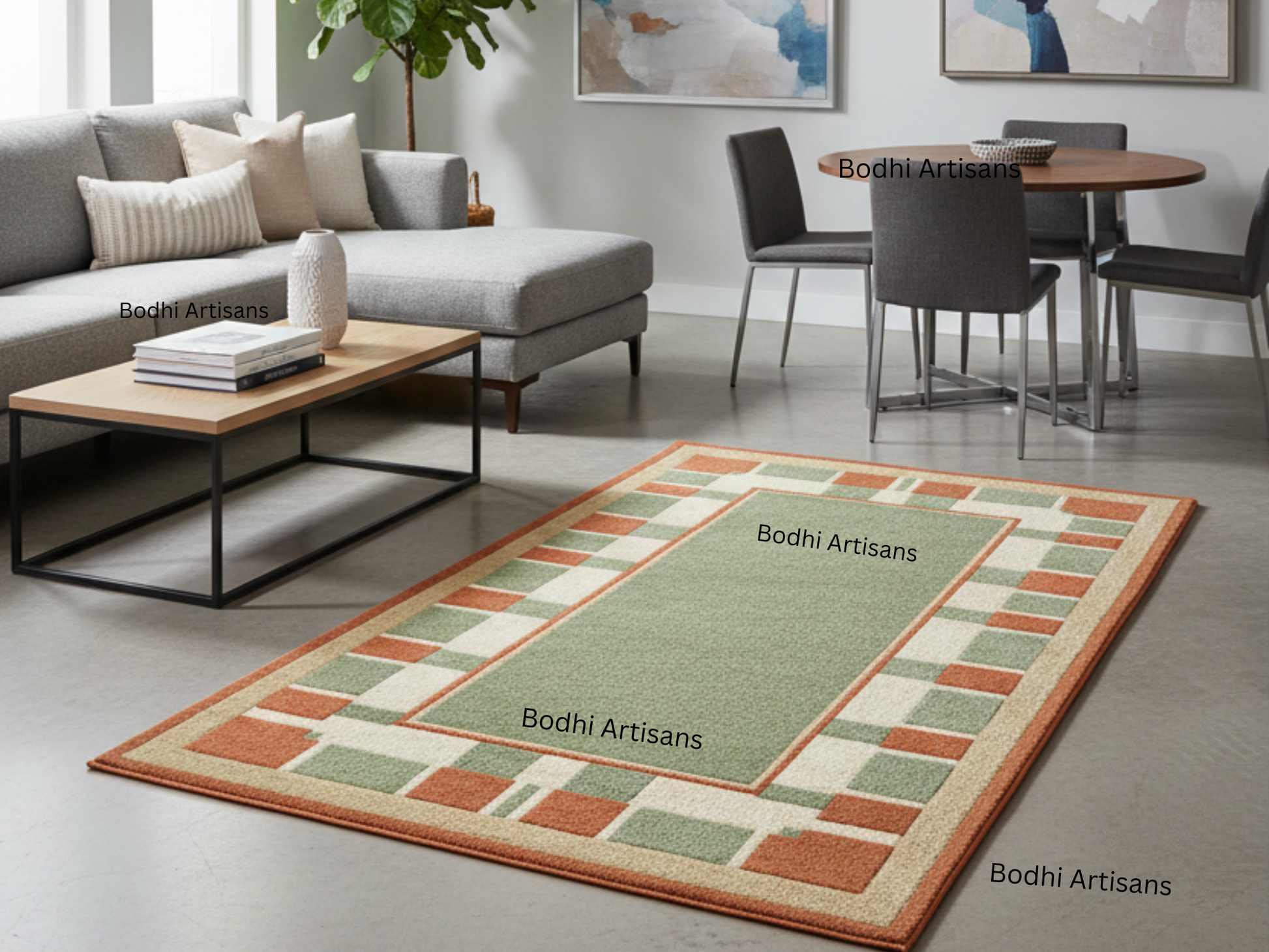 Hand Tufted Sage Green Wool Rug with Terracotta Geometric Border