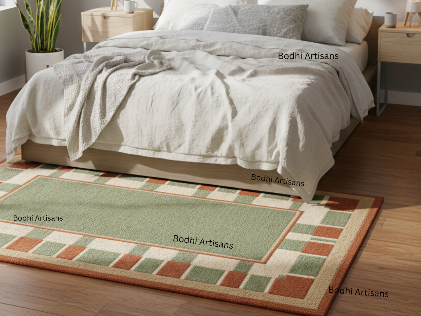 Hand Tufted Sage Green Wool Rug with Terracotta Geometric Border