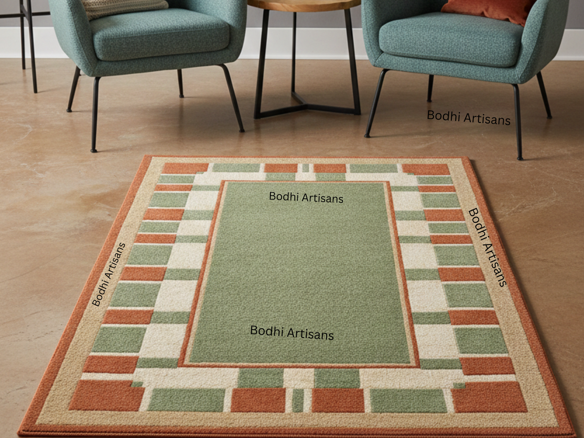 Hand Tufted Sage Green Wool Rug with Terracotta Geometric Border
