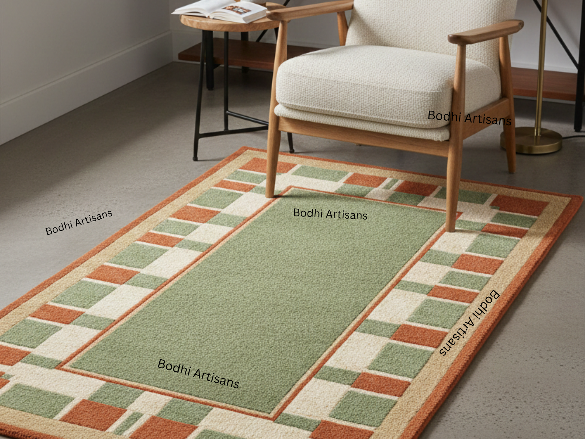 Hand Tufted Sage Green Wool Rug with Terracotta Geometric Border