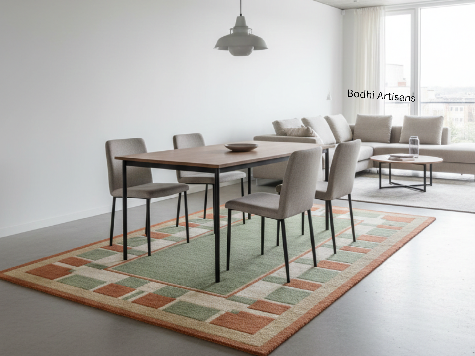 Hand Tufted Sage Green Wool Rug with Terracotta Geometric Border