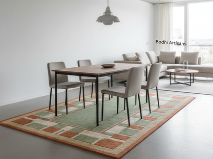 Hand Tufted Sage Green Wool Rug with Terracotta Geometric Border
