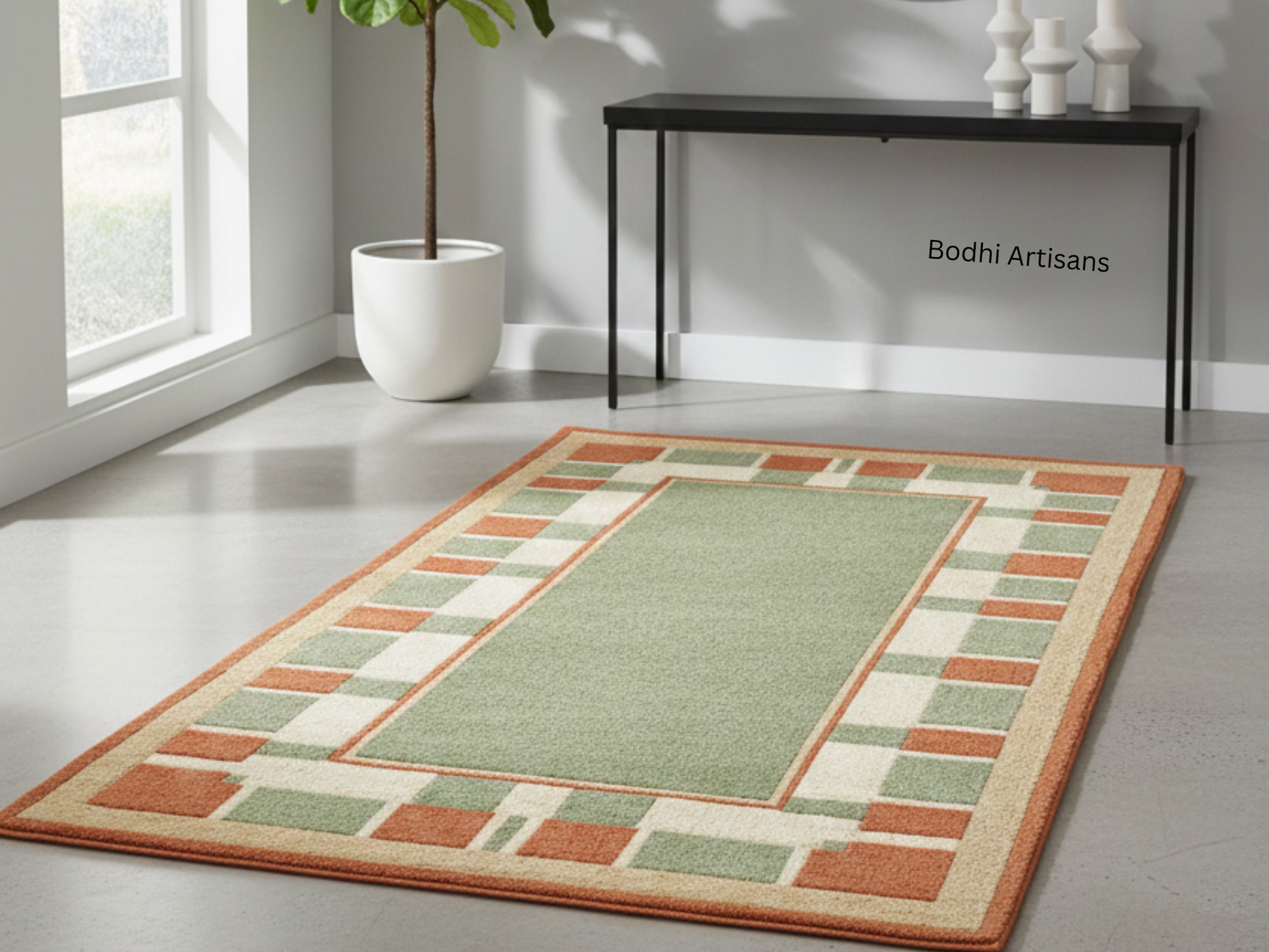 Hand Tufted Sage Green Wool Rug with Terracotta Geometric Border
