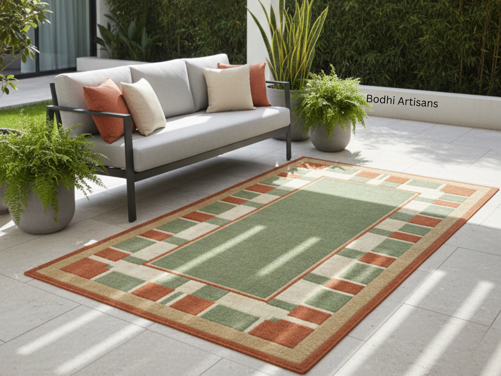 Hand Tufted Sage Green Wool Rug with Terracotta Geometric Border