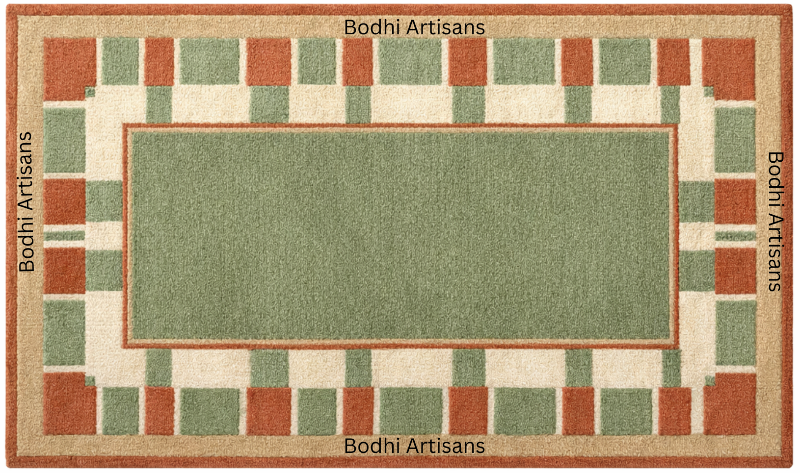 Hand Tufted Sage Green Wool Rug with Terracotta Geometric Border
