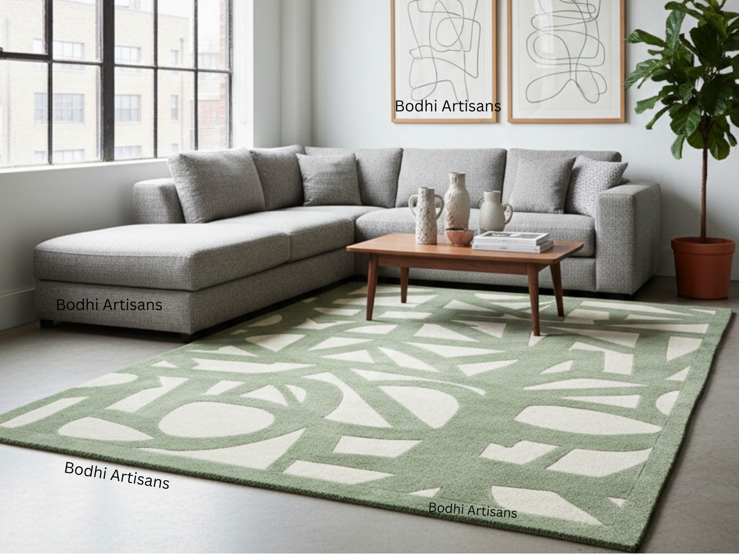 modern sage green abstract hand tufted wool rug contemporary geometric area rug