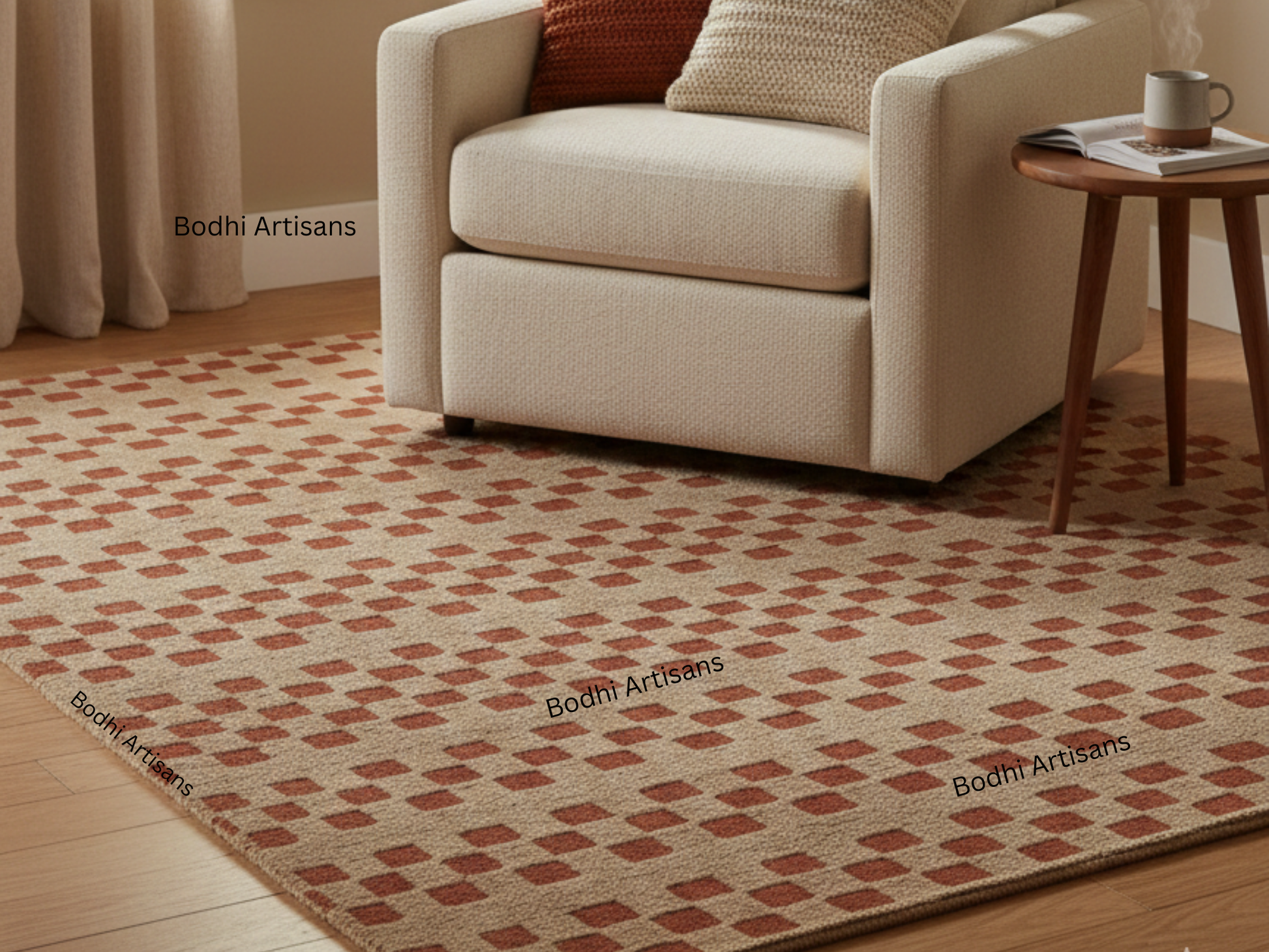 Beige armchair on a patterned rug with 'Bodhi Artisans' branding.