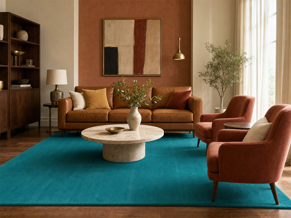 Teal solid wool rug for living room or bedroom, handmade in India – photo 10
