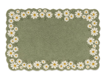 Handmade sage green daisy border wool area rug, modern style, made in India