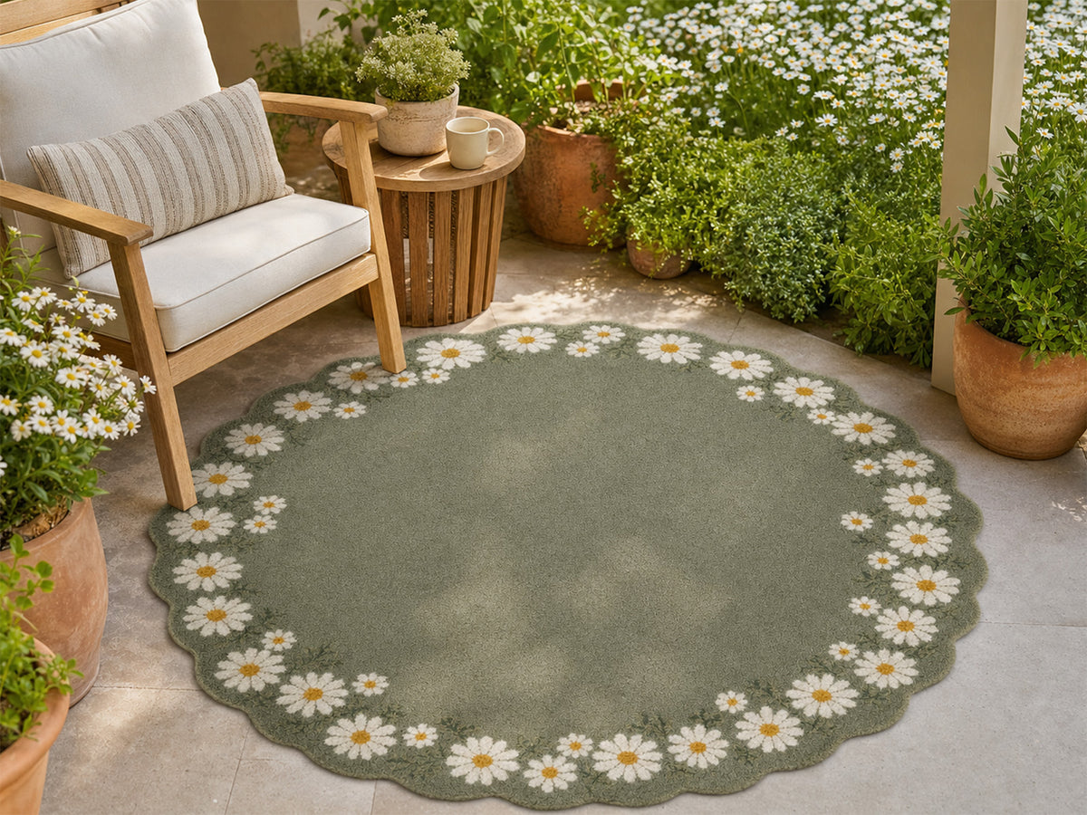 Sage green daisy border wool rug for living room or bedroom, handmade in India – photo 10