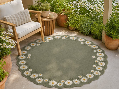Sage green daisy border wool rug for living room or bedroom, handmade in India – photo 10
