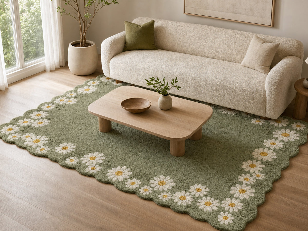 Modern sage green daisy border area rug, handmade wool rug from India