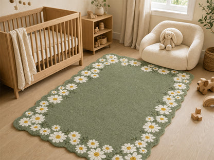 Sage green daisy border wool rug for living room or bedroom, handmade in India