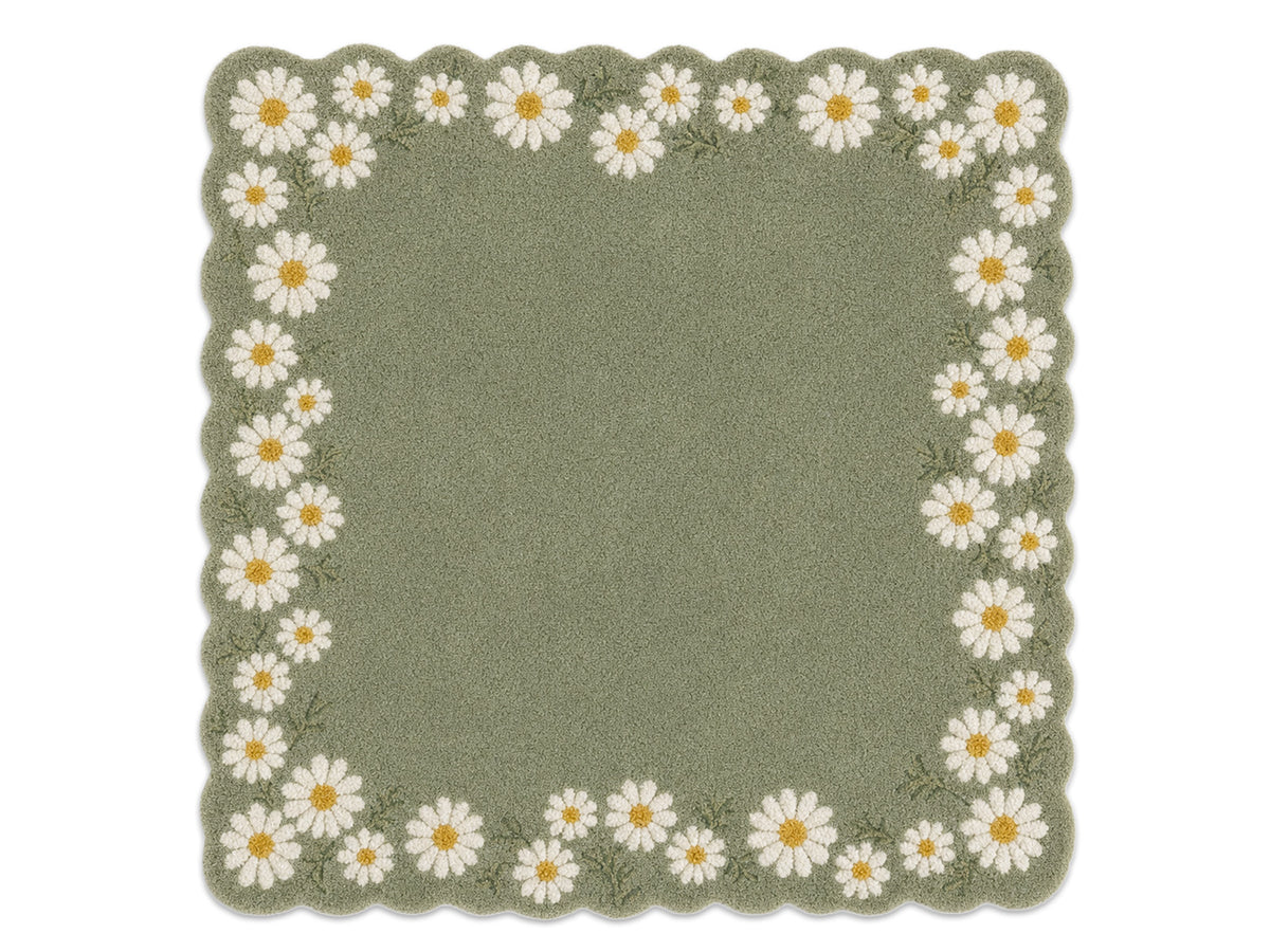 Sage green daisy border modern rug, handmade wool carpet, made in India