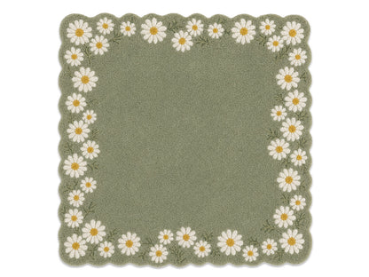 Sage green daisy border modern rug, handmade wool carpet, made in India