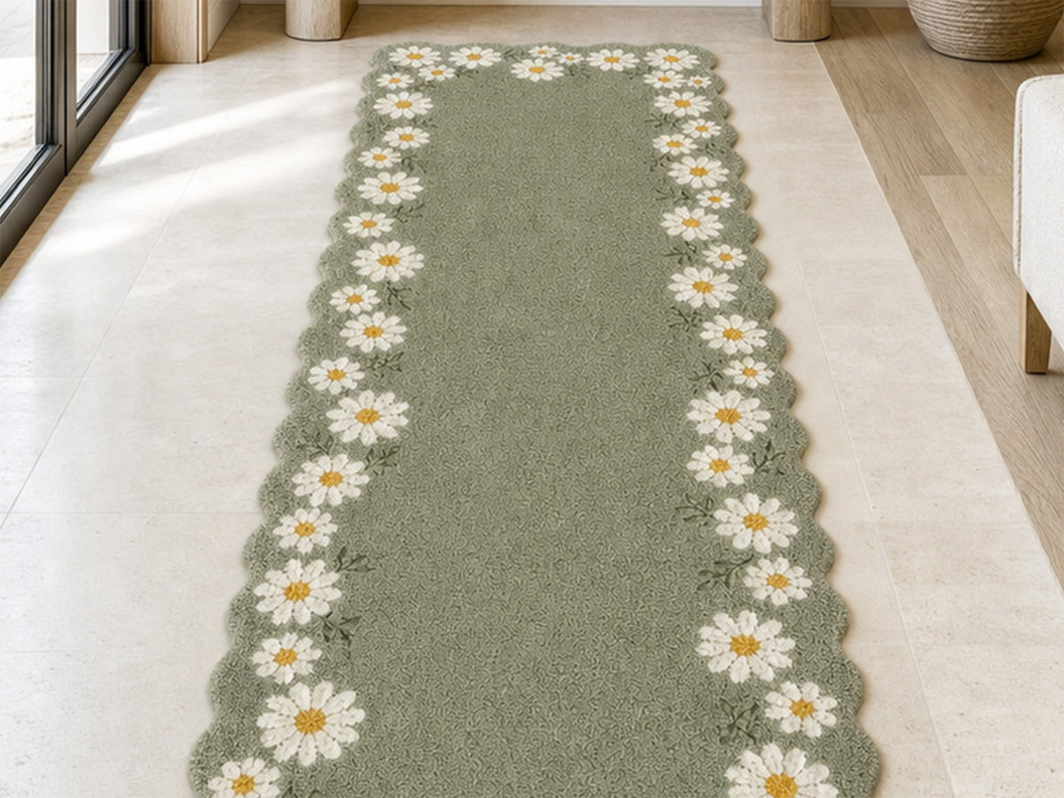 Modern sage green daisy border area rug, handmade wool rug from India – photo 9