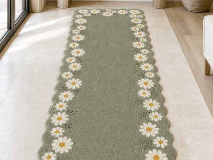 Modern sage green daisy border area rug, handmade wool rug from India – photo 9