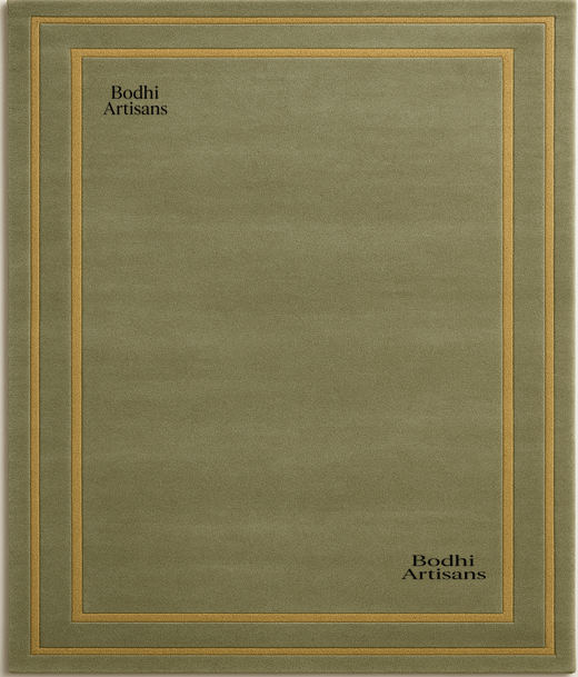 Elegant sage green handmade wool rug with minimalist border design. A modern luxury area rug perfect for living rooms, bedrooms, and contemporary homes.