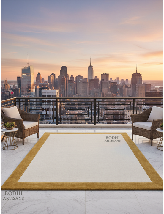 Ivory Wool Rug with Gold Border – Hand Tufted Minimal Area Rug