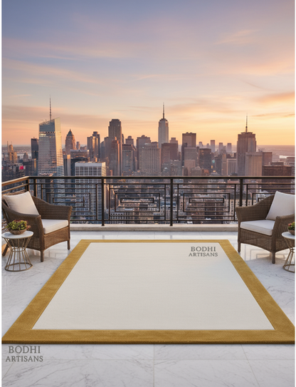 Ivory Wool Rug with Gold Border – Hand Tufted Minimal Area Rug