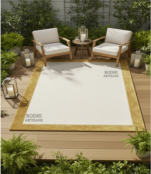 Ivory Wool Rug with Gold Border – Hand Tufted Minimal Area Rug
