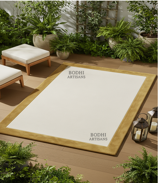 Ivory Wool Rug with Gold Border – Hand Tufted Minimal Area Rug