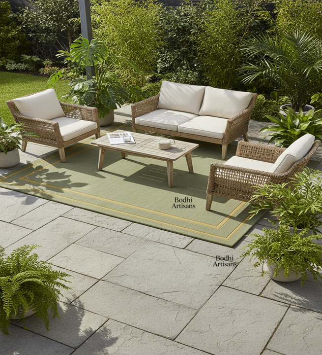 Elegant sage green handmade wool rug with minimalist border design. A modern luxury area rug perfect for living rooms, bedrooms, and contemporary homes.
