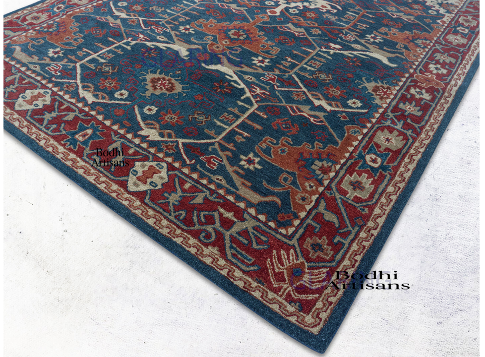 Handmade Wool Oriental Rug Blue | Traditional Hand-Tufted Persian Area Carpet | Vintage Style Living Room Rug |