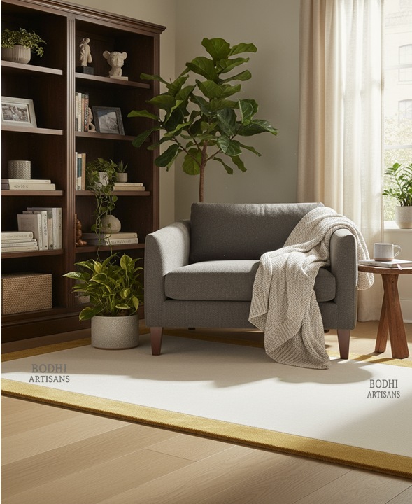 Ivory Wool Rug with Gold Border – Hand Tufted Minimal Area Rug