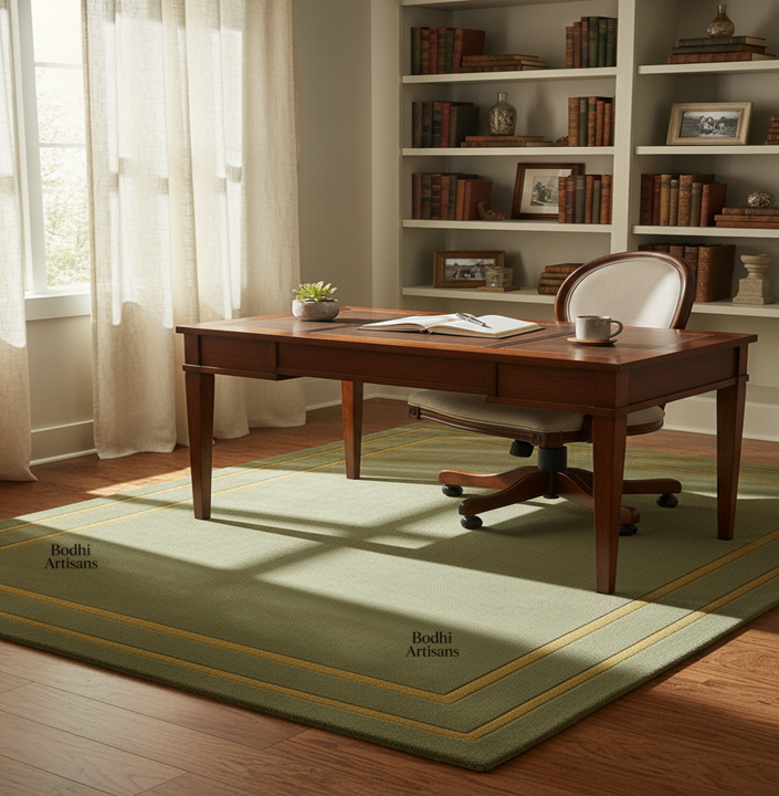 Elegant sage green handmade wool rug with minimalist border design. A modern luxury area rug perfect for living rooms, bedrooms, and contemporary homes.