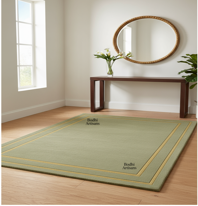 Elegant sage green handmade wool rug with minimalist border design. A modern luxury area rug perfect for living rooms, bedrooms, and contemporary homes.