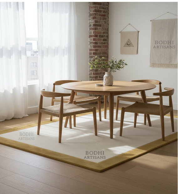 Ivory Wool Rug with Gold Border – Hand Tufted Minimal Area Rug