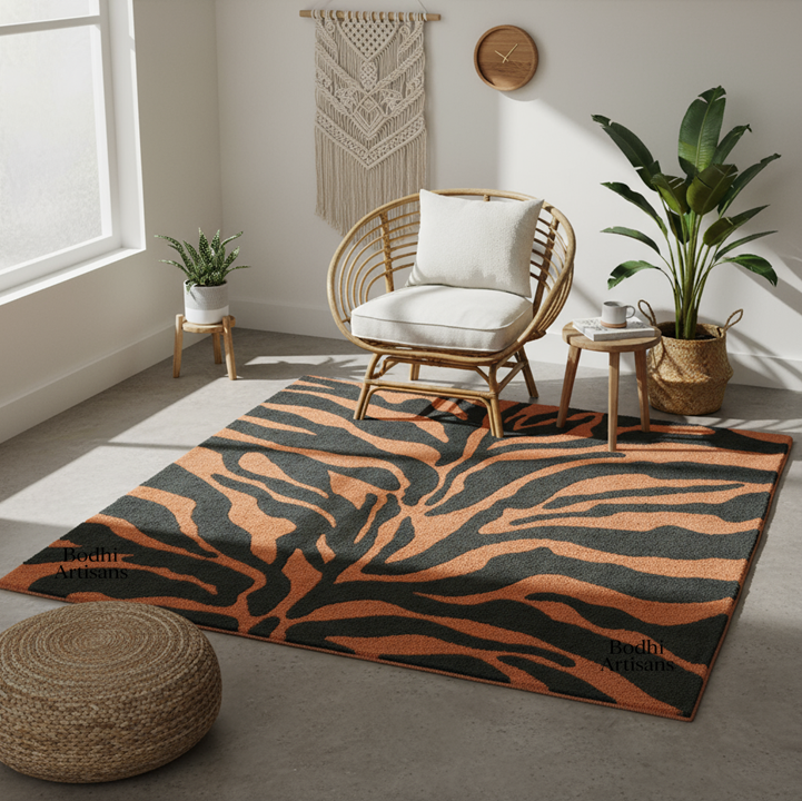 Tiger Print Hand Tufted Wool Rug – Modern Animal Pattern Area Rug