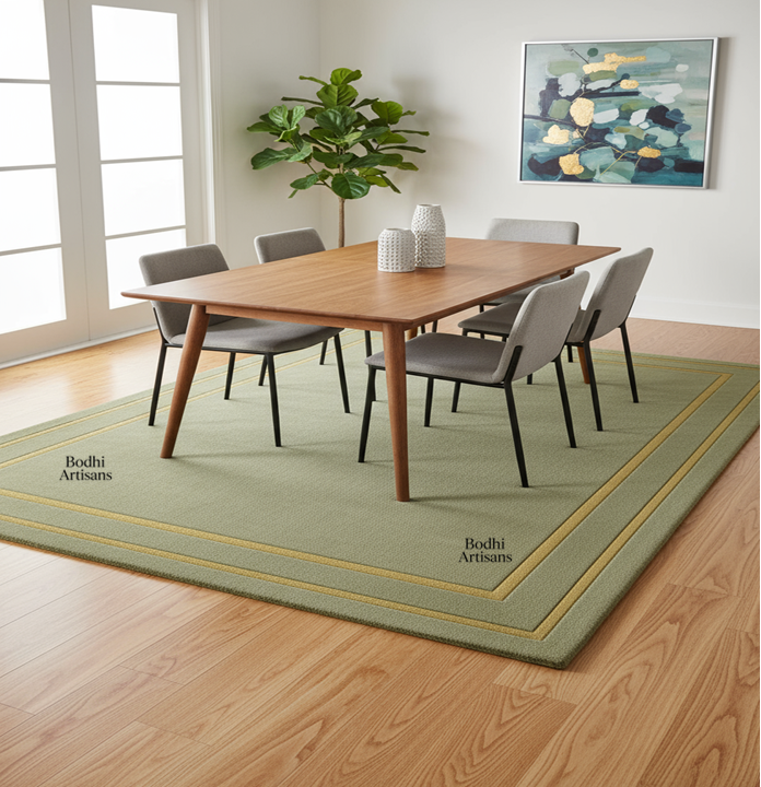Elegant sage green handmade wool rug with minimalist border design. A modern luxury area rug perfect for living rooms, bedrooms, and contemporary homes.