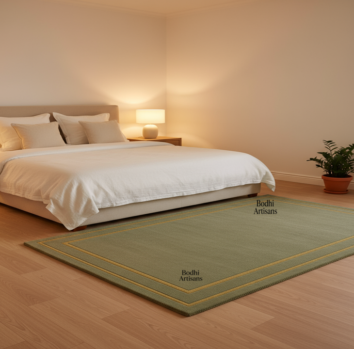Elegant sage green handmade wool rug with minimalist border design. A modern luxury area rug perfect for living rooms, bedrooms, and contemporary homes.