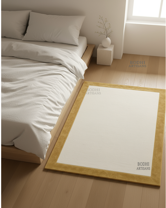 Ivory Wool Rug with Gold Border – Hand Tufted Minimal Area Rug